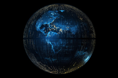 surface of earth planet with futuristic computer technology and mega city, digital connections with hologram and glow against background of space, concept of globalization and urbanizationの素材