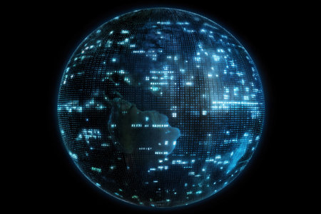 surface of earth planet with futuristic computer technology and mega city, digital connections with hologram and glow against background of space, concept of globalization and urbanizationの素材