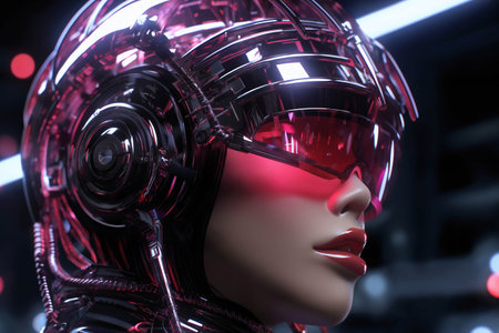 fashionable portrait of a beautiful girl in a futuristic cyber helmet and glasses and headphones, the concept of gaming cyber artの素材