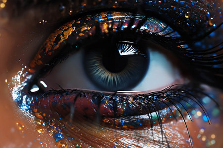 close view of woman's eye with decorative art makeup on her faceの素材
