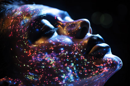 portrait of a beautiful woman with particles of light surrounding her face as a symbol of magicの素材