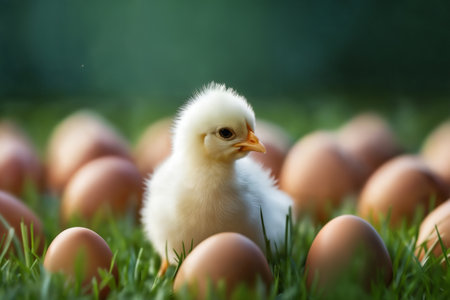 Small chick and chicken eggs against the background of spring nature on Easter, in a bright sunny day at a ranch in a village.の素材