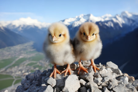 Little chickens on the background of spring nature on Easter, on a bright sunny day at a ranch in a village in the mountainsの素材