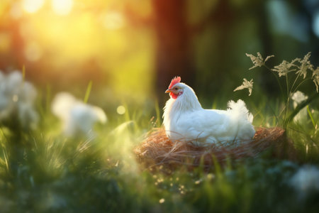 A hen sits in a nest and incubates her chicks against the background of spring nature on Easter, on a bright sunny day at a ranch in the village.の素材