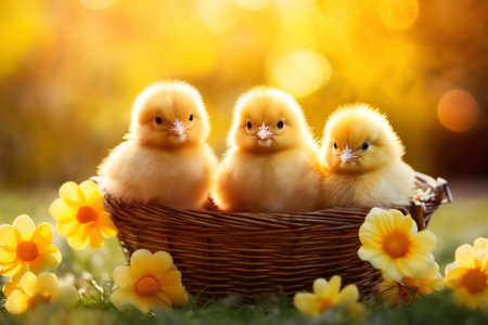 Small chickens against the background of spring nature on Easter, in a bright sunny day at a ranch in a village.の素材
