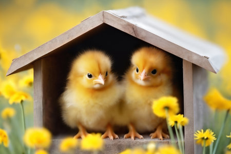 Small chickens against the background of spring nature on Easter, in a bright sunny day at a ranch in a village.の素材