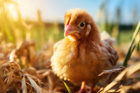 chicken against the background of spring nature on Easter, in a bright sunny day at a ranch in a village.の素材