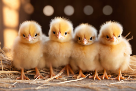 Small chickens pose in the hay in a chicken coop on a ranch in the village.の素材