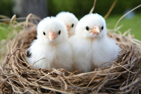 Small chickens against the background of spring nature on Easter, in a bright sunny day at a ranch in a village.の素材