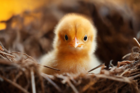Small chick in a basket against the background of spring nature on Easter, in a bright sunny day at a ranch in a village.の素材