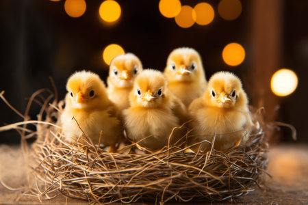 Small chickens in a nest on a dark background with bokeh lights for Easterの素材