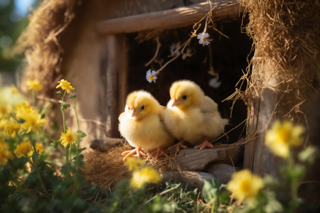 Small chickens against the background of spring nature on Easter, in a bright sunny day at a ranch in a village.の素材