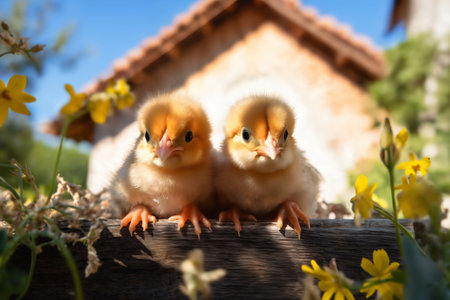 Small chickens against the background of spring nature on Easter, in a bright sunny day at a ranch in a village.の素材