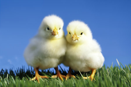 Portrait of small baby chickens on a green grass meadow, bright sunny day, on a ranch in the village, rural surroundings on the background of spring natureの素材