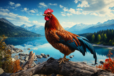 Portrait of a rooster on a branch in the mountains, a bright sunny day, wildlife with a lake and forest, rural surroundings against the background of spring natureの素材