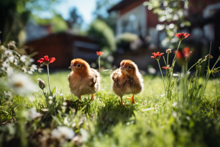 Portrait of small baby chickens on a green grass in the courtyard, bright sunny day, on a ranch in the village, rural surroundings on the background of spring natureの素材