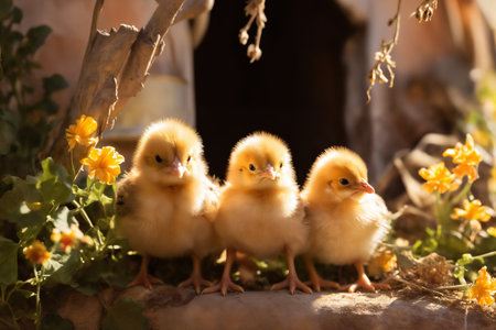 Portrait of small baby chickens on a bright sunny day, on a ranch in the village, rural surroundings on the background of spring natureの素材