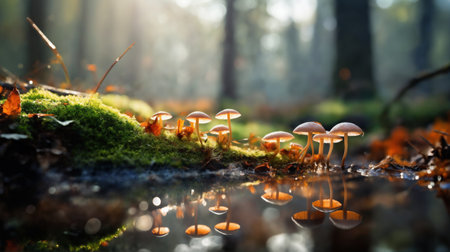 a beautiful autumn landscape with mushrooms and fallen leaves in a forest glade at sunset, sunlight and beautiful nature, reflection in a puddle of waterの素材
