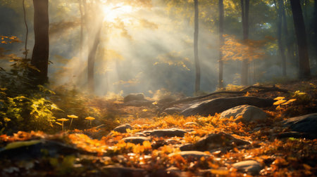 a beautiful autumn landscape with fallen leaves in a forest glade at sunset, sunlight and beautiful natureの素材
