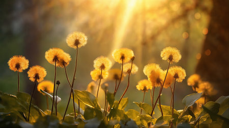 a beautiful summer landscape with dandelions and grass in a forest glade at sunset, sunlight and beautiful natureの素材