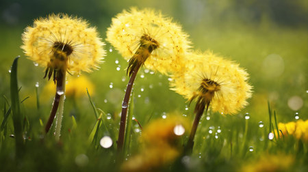 a beautiful summer landscape with dandelions and grass in a forest glade at sunset, sunlight and beautiful natureの素材
