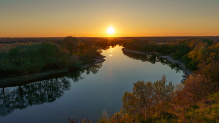 beautiful spring landscape, panoramic view of river and forest from above the hill, bright sunny day...