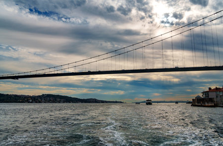 view from a pleasure boat on the Bosphorus and the cityscape of Istanbul, Turkey, the architecture of the city, a popular tourist destination.の写真素材