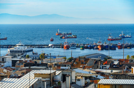cityscape of Istanbul, Turkey, a view of the city roofs and the seaport with ships, The Sea of Marmara on the horizonの写真素材
