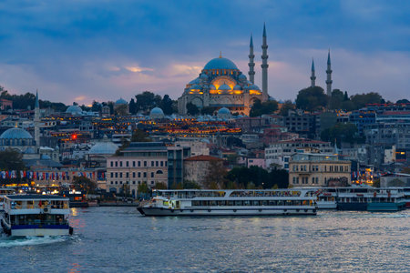 cityscape of Istanbul, Turkey, view to the Golden Horn Bay and architecture of city and ships and Bosphorus shore against the sunset sky, a popular tourist destinationの写真素材