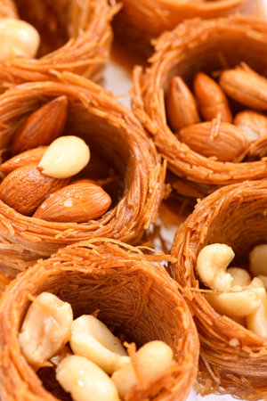 Sweet food Turkish delight, traditional food, bird's nest with honey and nut