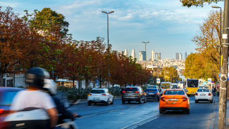 city road and busy traffic along Ataturk Boulevard in Istanbul, Turkey.の写真素材