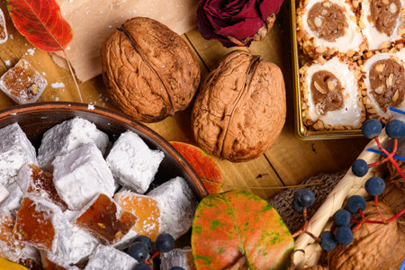 Sweet food Turkish delight on wooden background, assorted locum and candy as decorated backdropの写真素材