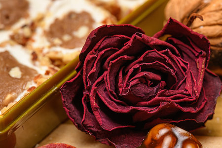 Sweet food Turkish delight and red rose on wooden background, assorted locum and candy for decorated backdrop.の写真素材