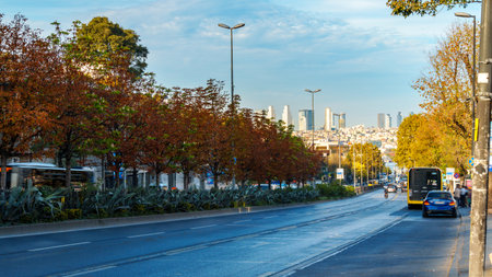 empty city road along Ataturk Boulevard in Istanbul, Turkeyの写真素材