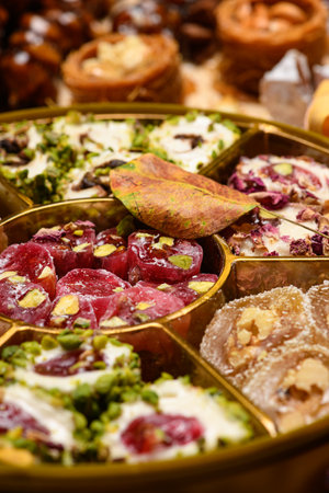 Sweet food Turkish delight on wooden background, assorted locum and candy for decorated backdrop.の写真素材
