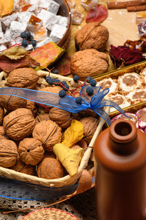 Sweet food Turkish delight on wooden background, assorted locum and candy for decorated backdrop.の写真素材