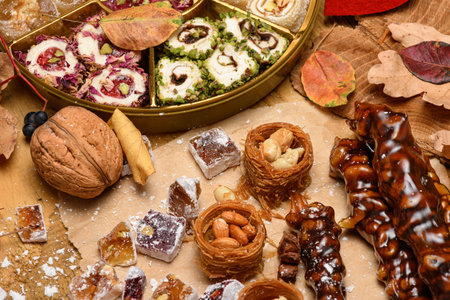 Sweet food Turkish delight on wooden background, assorted locum and candy for decorated backdrop.の写真素材