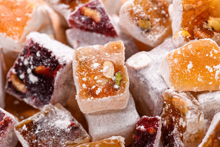 Sweet food Turkish delight, assorted rahat locum in form of cubes with nuts and powdered sugar, traditional foodの写真素材