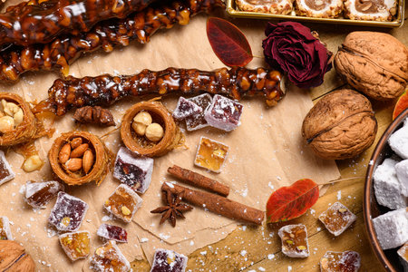 Sweet food Turkish delight on wooden background, assorted locum and candy for decorated backdrop.の写真素材
