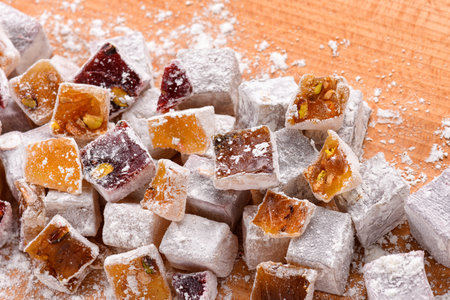Sweet food Turkish delight, assorted rahat locum in form of cubes with nuts and powdered sugar, traditional foodの写真素材