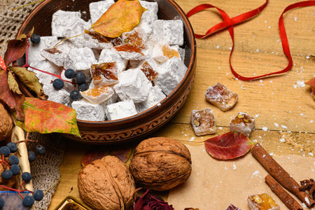 Sweet food Turkish delight on wooden background, assorted locum and candy for decorated backdrop.の写真素材