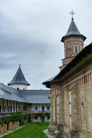 inner courtyard of the Neamt monastery, Romania, church and houses