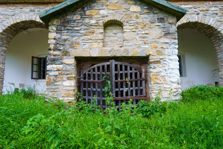 old doors close the entrance to the basement, architectural details of an old buildingの写真素材