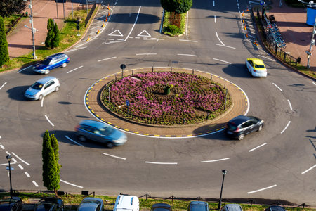 city street view and road traffic, urban architecture in Piatra Neamt, Romaniaの写真素材