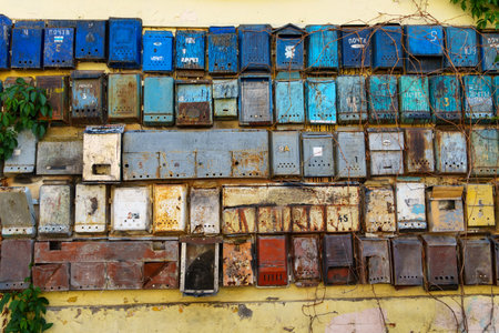 group of old mailboxes on the wall of a building, old weathered paint