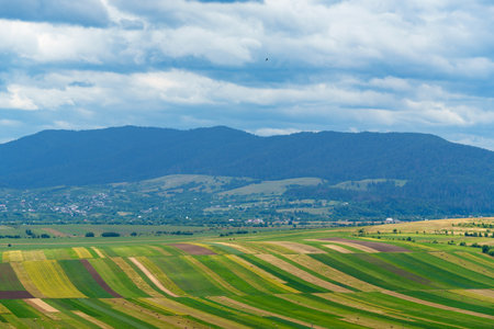 beautiful spring landscape, fields and village, Carpathian mountains on background, blue sky and white cloudsの写真素材