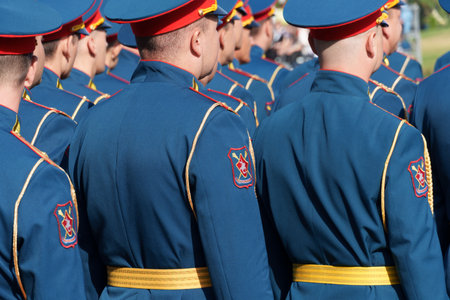 A soldier in formal uniform stands in formation during a paradeの写真素材