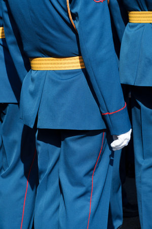 A soldier in formal uniform stands in formation during a paradeの写真素材