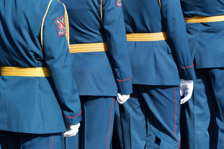 A soldier in formal uniform stands in formation during a paradeの写真素材