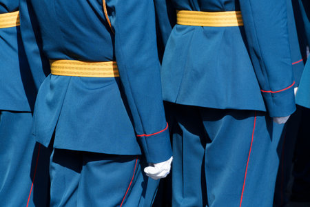 A soldier in formal uniform stands in formation during a paradeの写真素材